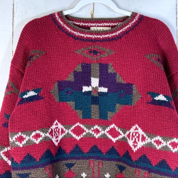 L.L. Bean Vintage 100% Wool Aztec Western Crewneck Sweater Chunky Knit - Picture 4 of 8